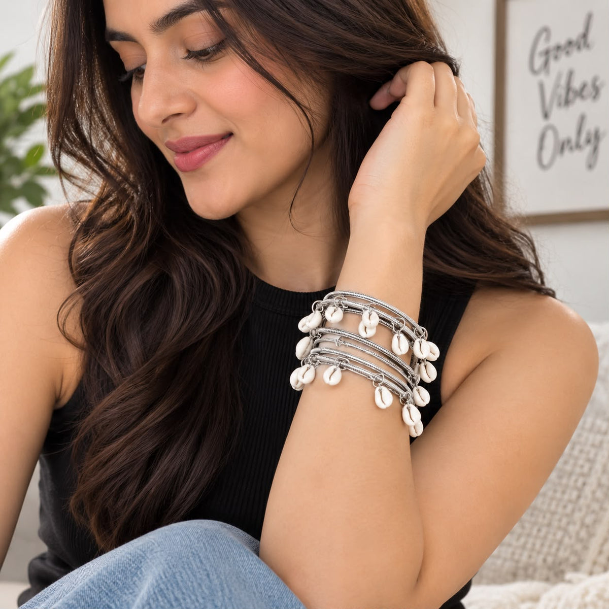 Oxidized Silver Bangles with Cowrie Shells – Boho Bracelet Set