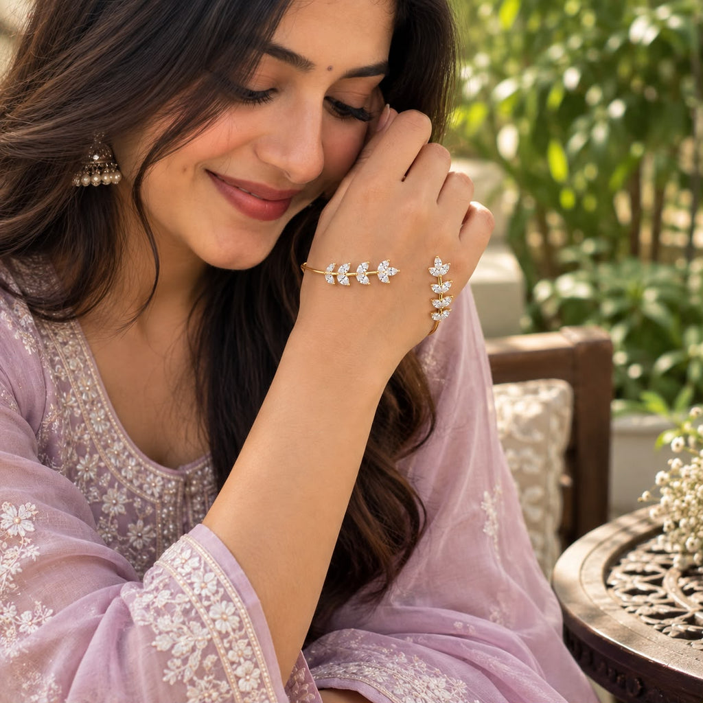CZ Leaf Bangle Cuff, Gold Plated – Bridal Wear