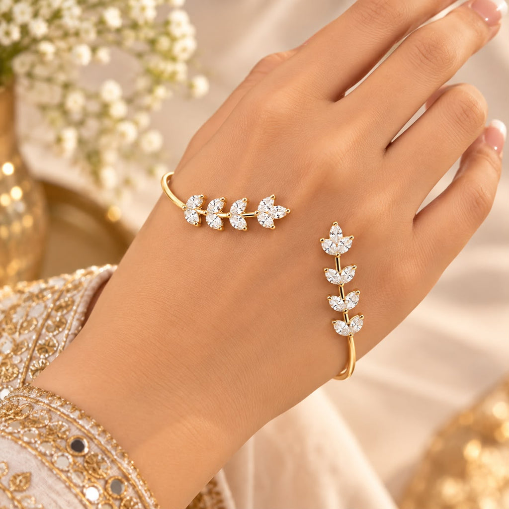 CZ Leaf Bangle Cuff, Gold Plated – Bridal Wear
