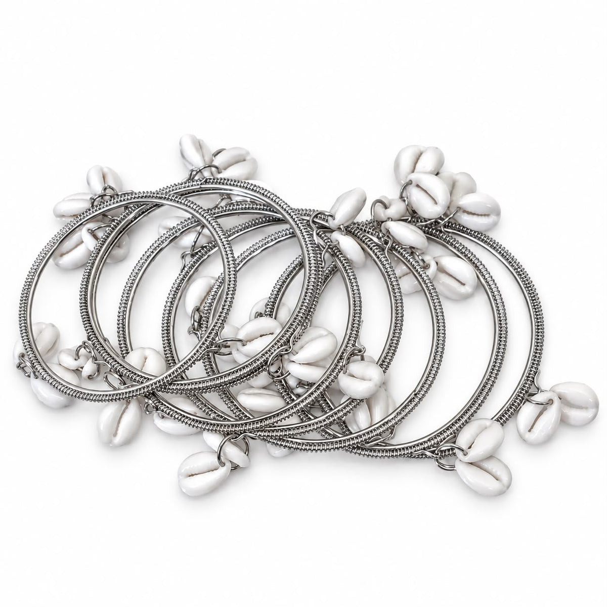 Oxidized Silver Bangles with Cowrie Shells – Boho Bracelet Set