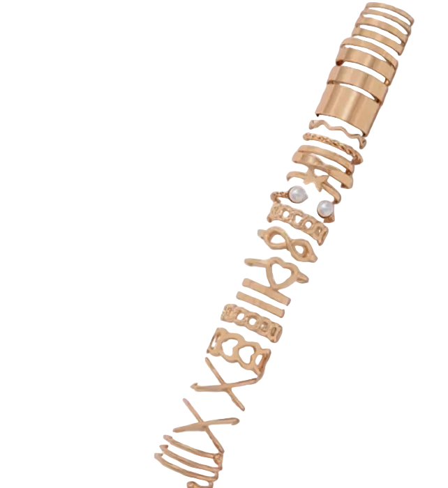 Set of gold hair clips with various designs on a white background