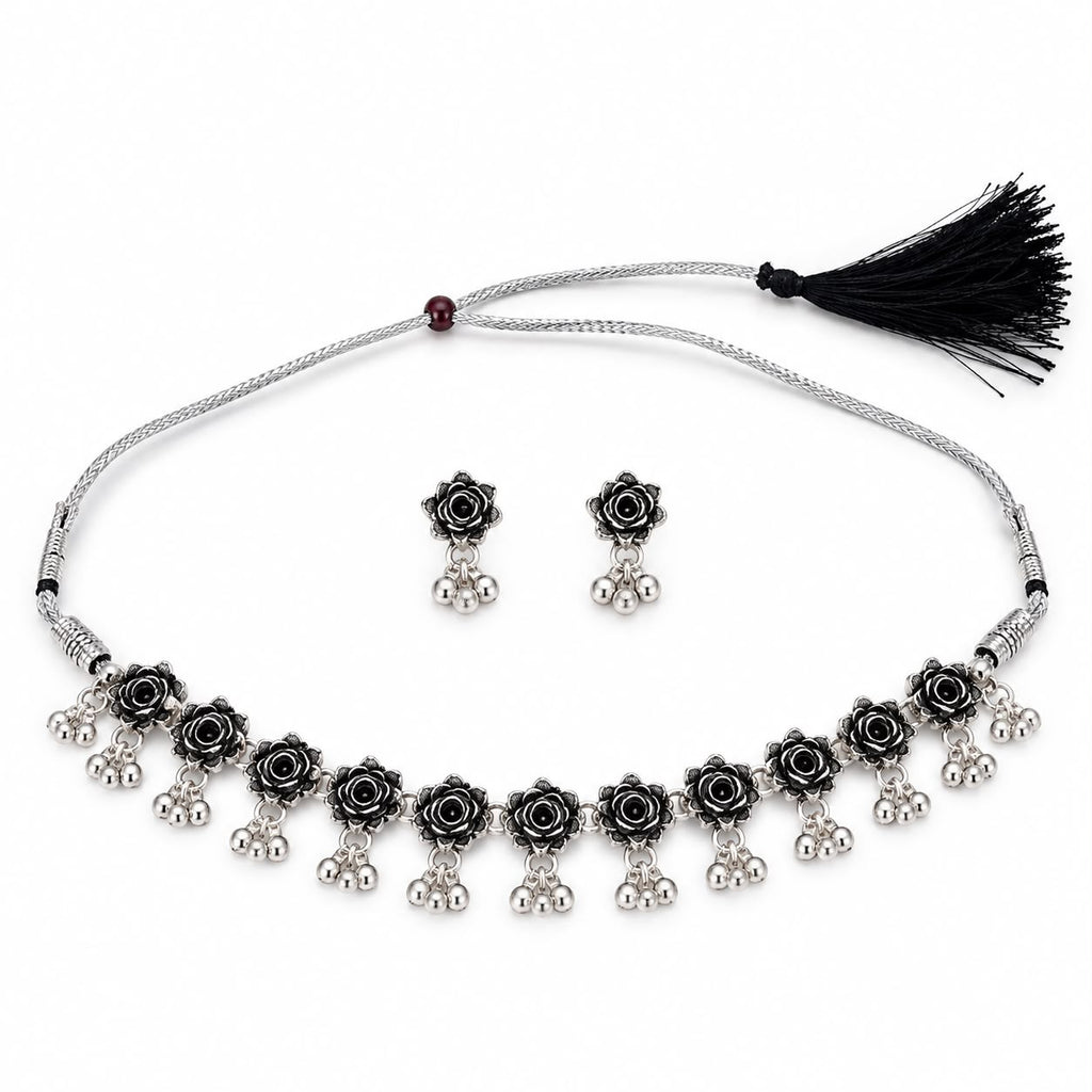 Silver Rose Choker Necklace & Earrings Set