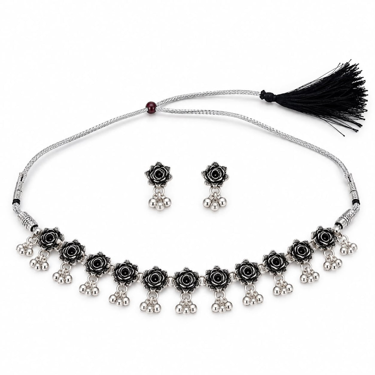 Silver Rose Choker Necklace & Earrings Set