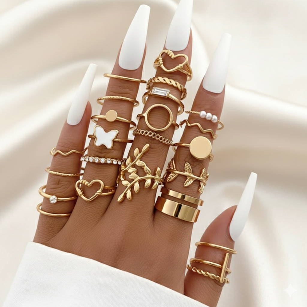 24 Piece Stacking Ring Set | Boho Gold Ring Set for Women