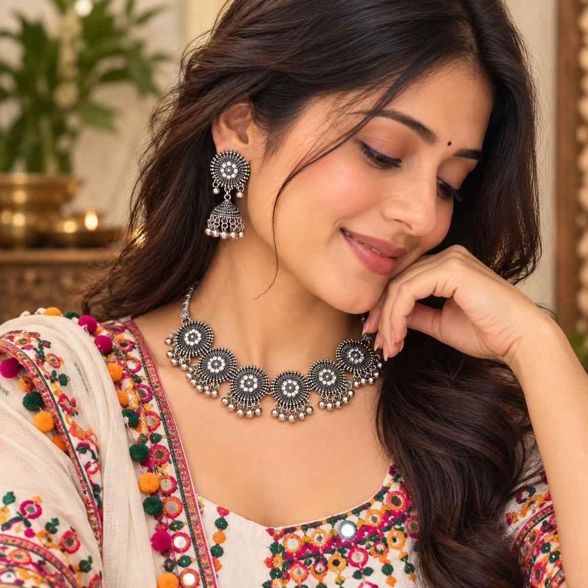Oxidized Silver Choker & Jhumka Earring Set – Navratri Jewellery