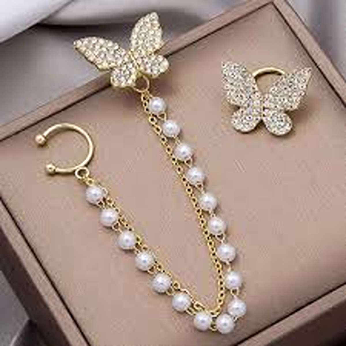 Crystal Butterfly and Pearl Chain Ear Cuff Set