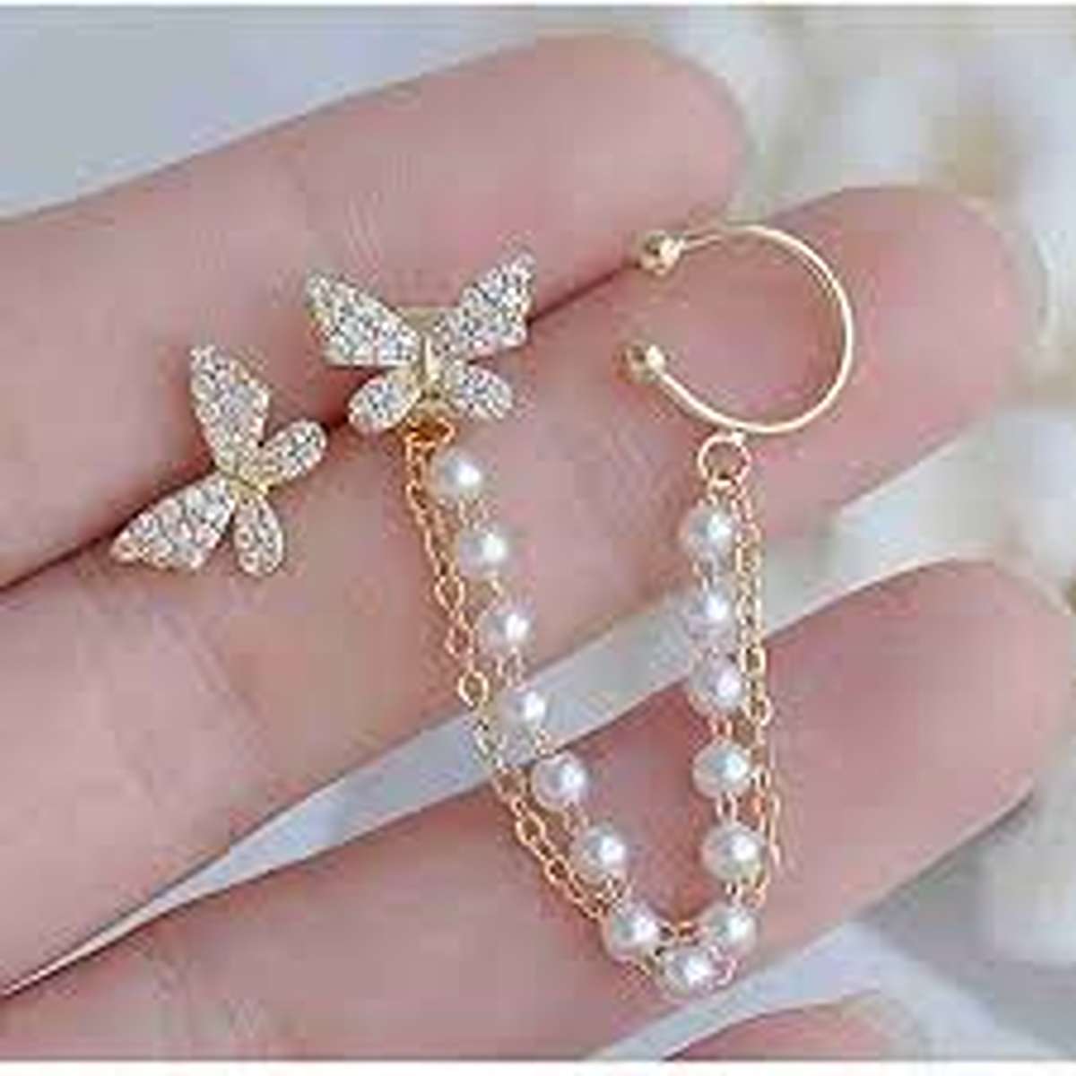 Crystal Butterfly and Pearl Chain Ear Cuff Set