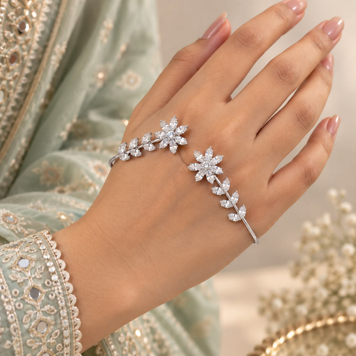 Crystal Flower Cuff Bracelet, Silver Marquise CZ Open Bangle