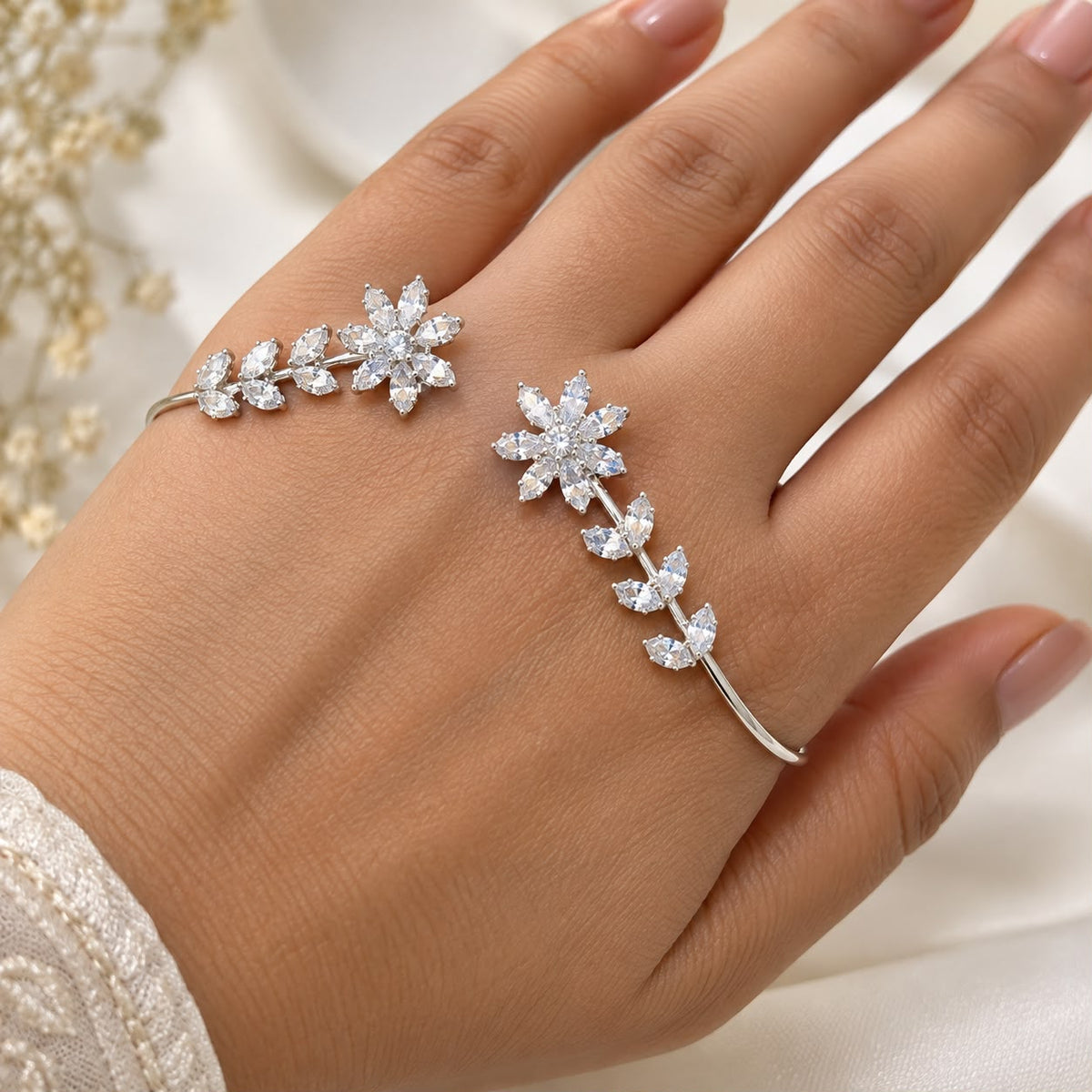 Crystal Flower Cuff Bracelet, Silver Marquise CZ Open Bangle