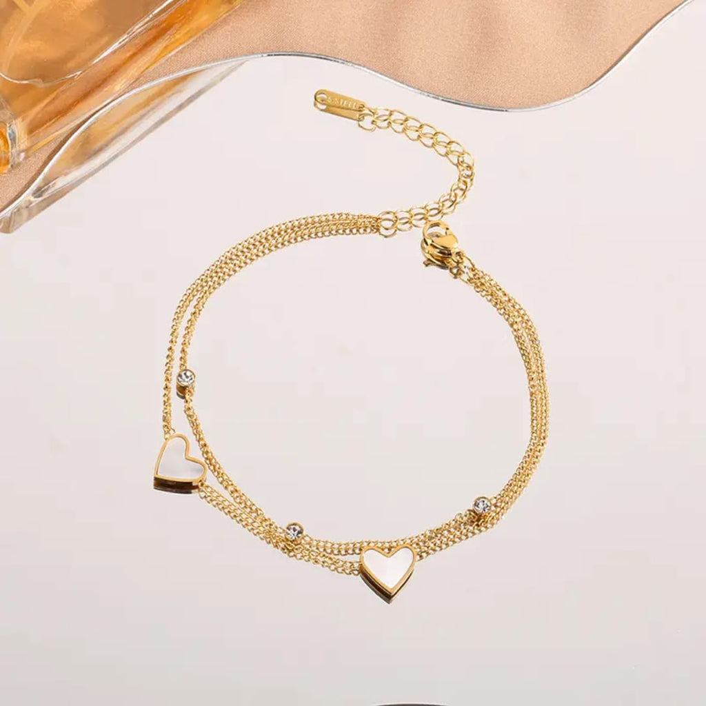 Elegant Double-Layer Gold Anklet with Mother-of-Pearl Hearts
