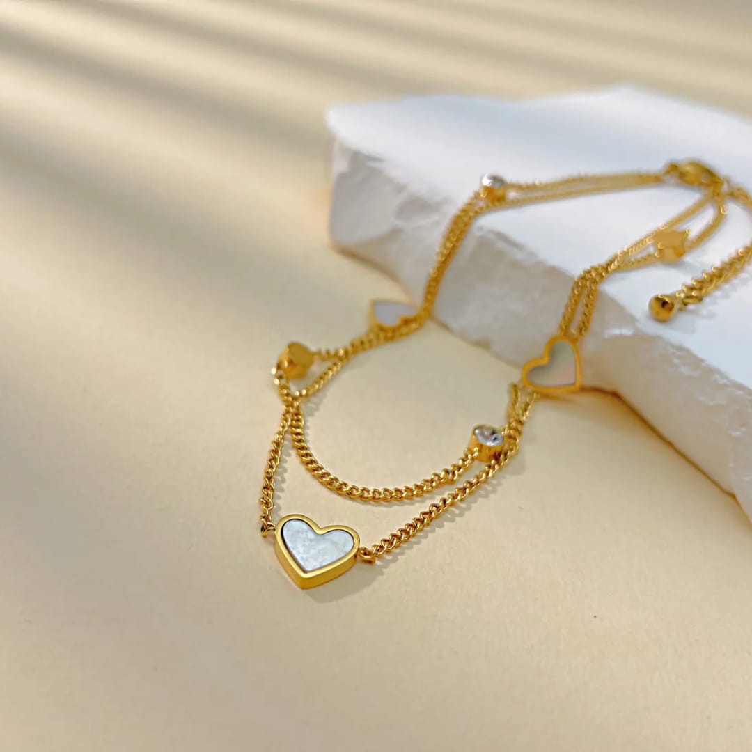 Elegant Double-Layer Gold Anklet with Mother-of-Pearl Hearts