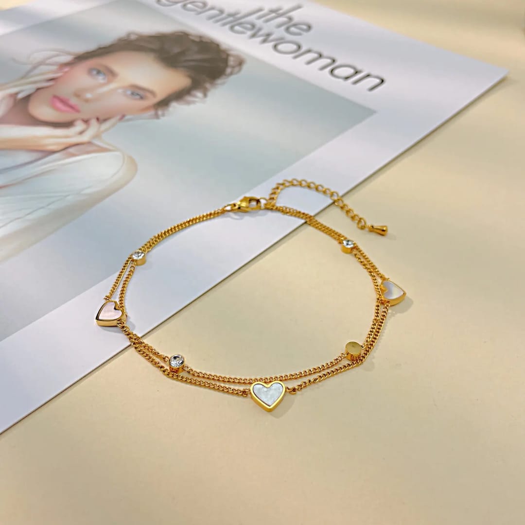 Elegant Double-Layer Gold Anklet with Mother-of-Pearl Hearts