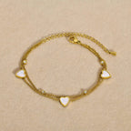 Elegant Double-Layer Gold Anklet with Mother-of-Pearl Hearts