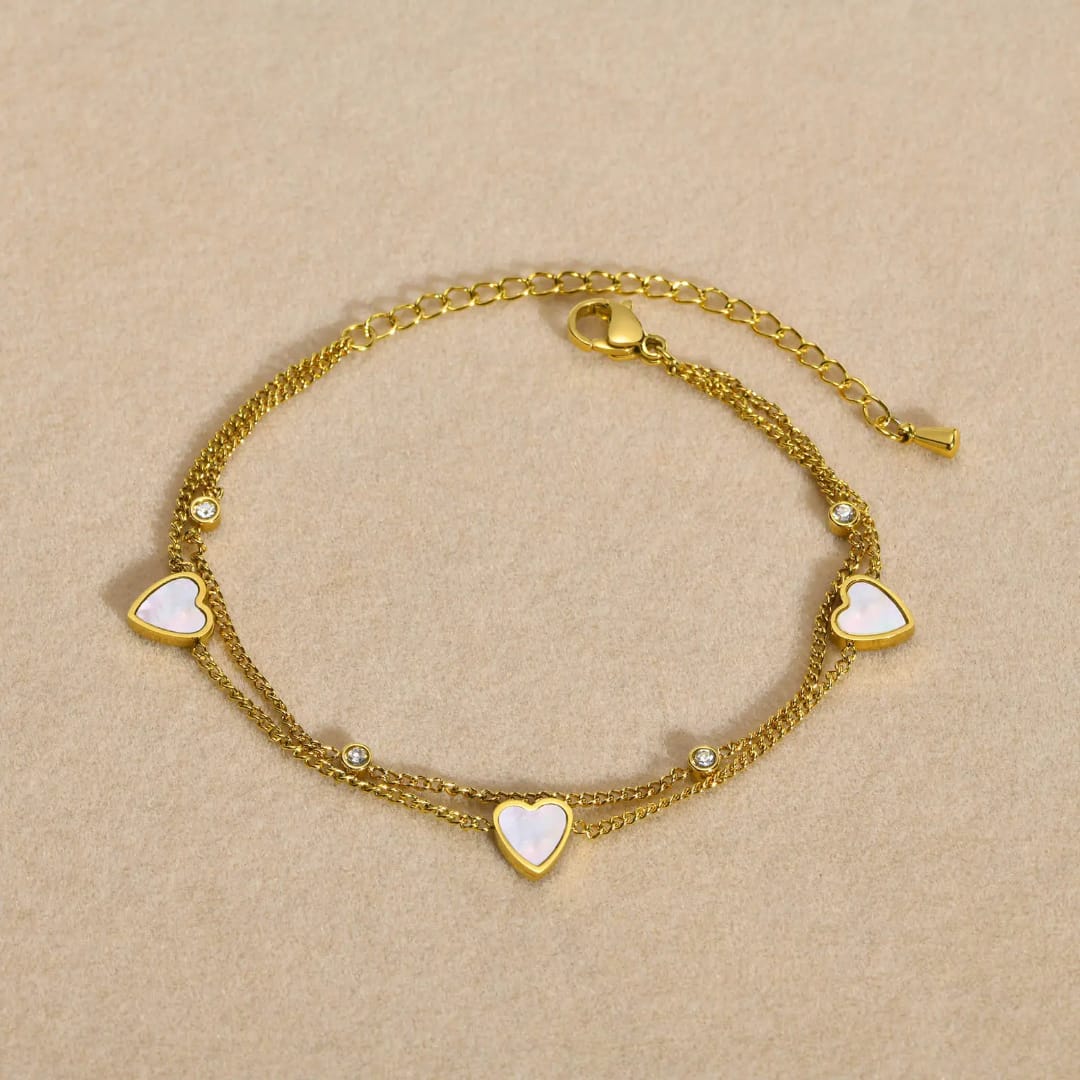 Elegant Double-Layer Gold Anklet with Mother-of-Pearl Hearts