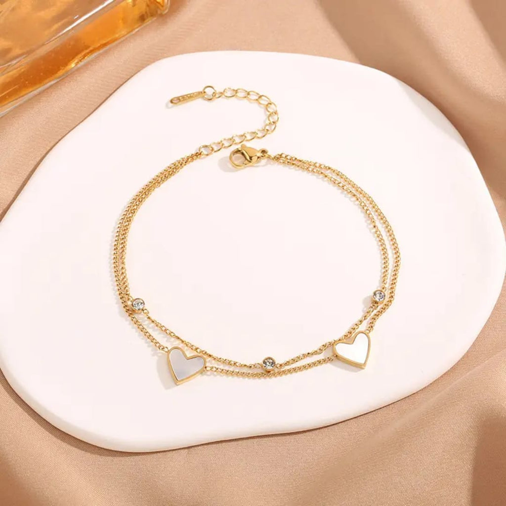 Elegant Double-Layer Gold Anklet with Mother-of-Pearl Hearts