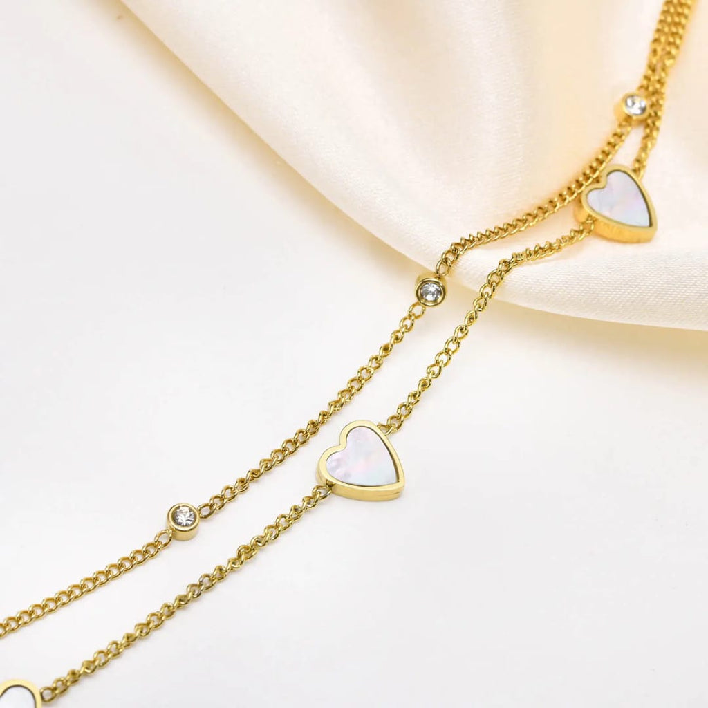 Elegant Double-Layer Gold Anklet with Mother-of-Pearl Hearts
