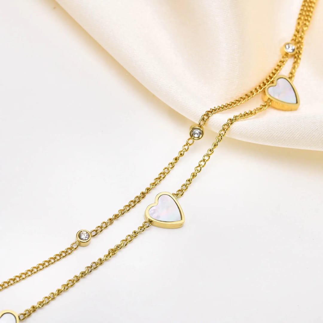 Elegant Double-Layer Gold Anklet with Mother-of-Pearl Hearts
