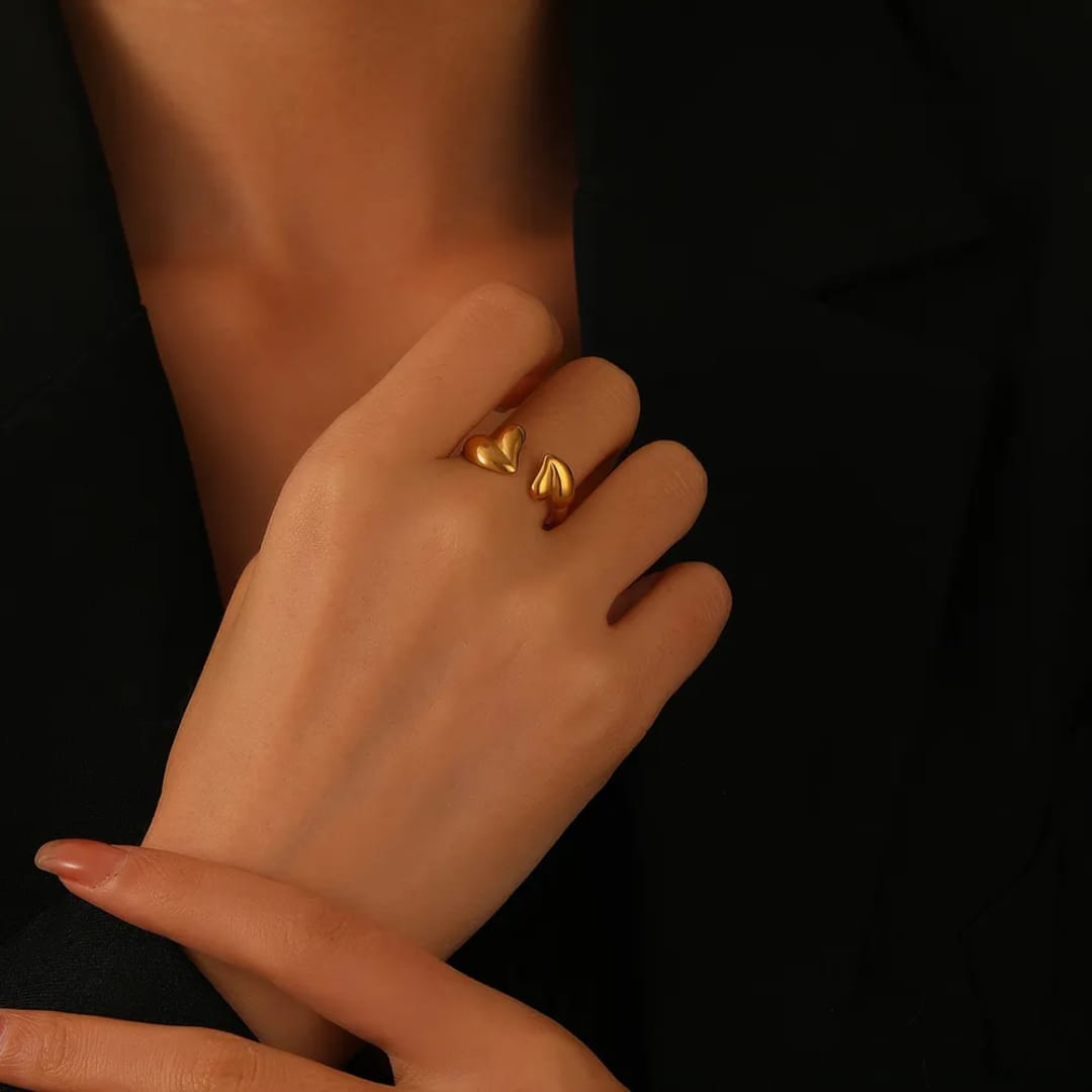 Modern Sculptural Gold Open Ring – Puffy Double Heart Design