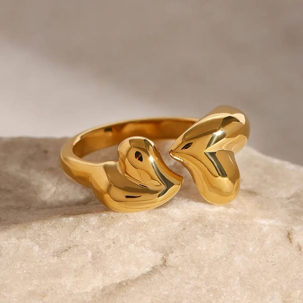 Modern Sculptural Gold Open Ring – Puffy Double Heart Design