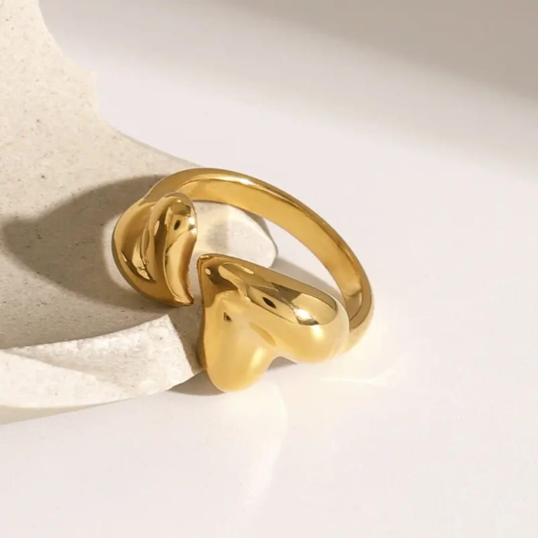 Modern Sculptural Gold Open Ring – Puffy Double Heart Design