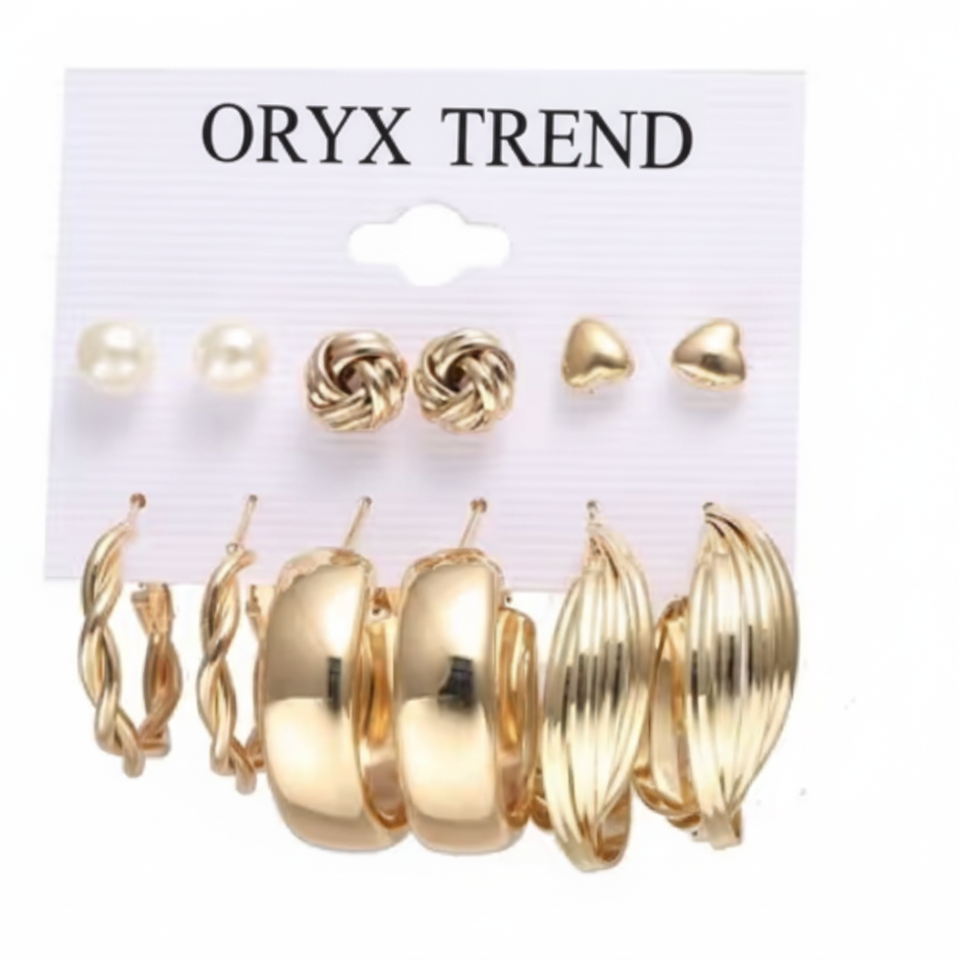 6 Pair Gold Earring Set | Hoops & Studs Earring Combo for Women