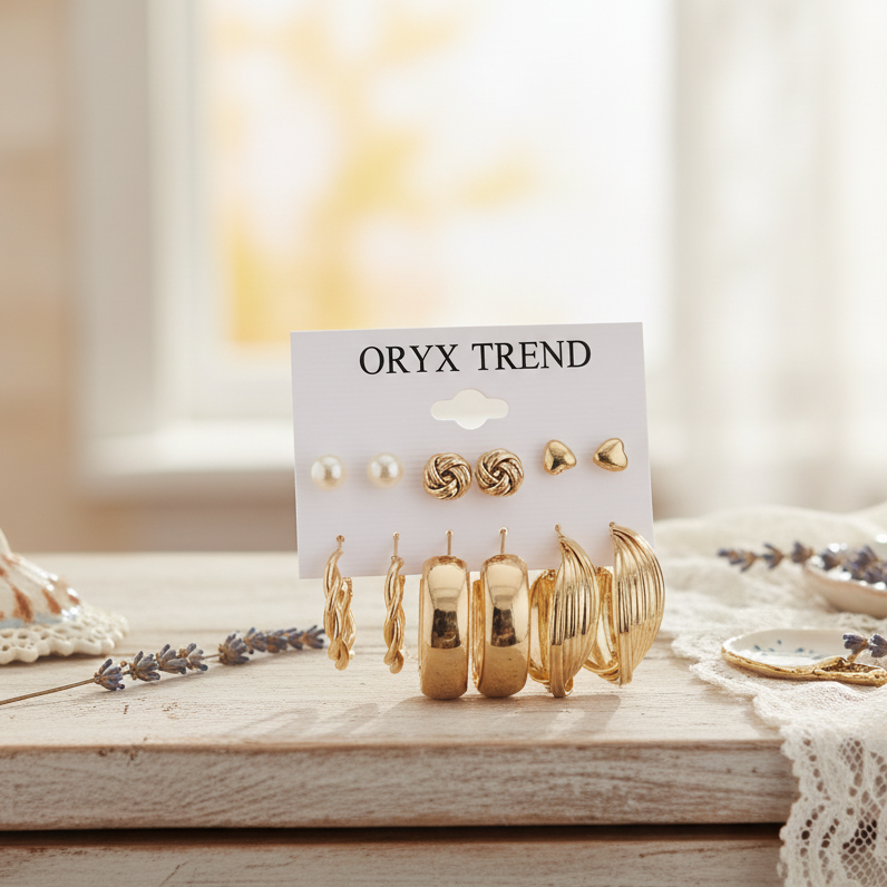 6 Pair Gold Earring Set | Hoops & Studs Earring Combo for Women