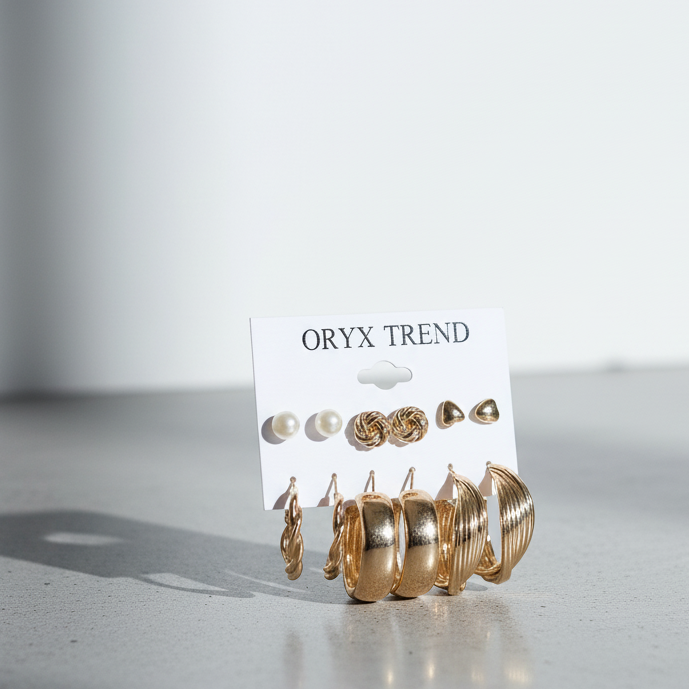 6 Pair Gold Earring Set | Hoops & Studs Earring Combo for Women