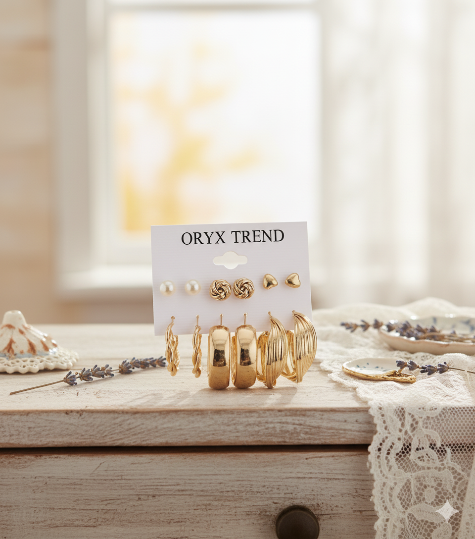 6-Pair Gold-Tone Fashion Earring Set (Hoops & Studs)