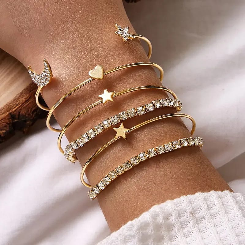 6 Piece Gold Stackable Bracelet Set | Crystal Charm Bangle Set for Women