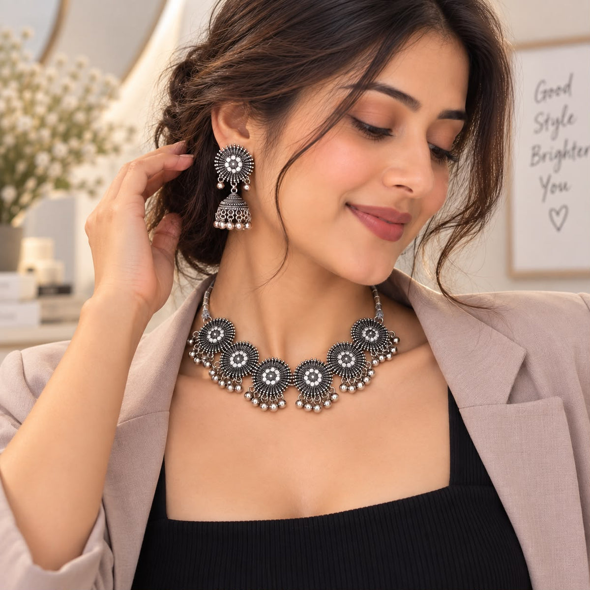 Oxidized Silver Choker & Jhumka Earring Set – Navratri Jewellery