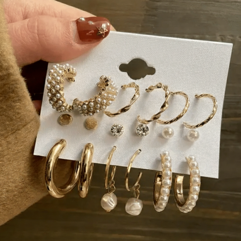 9-Pair Gold & Pearl Earring Set - ORYX TREND EaringCollection: Versatile set of six coordinating pairs of gold-toned earrings.Default Title#
