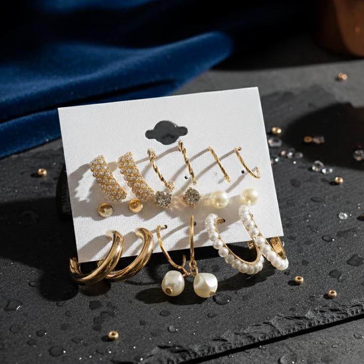 9-Pair Gold & Pearl Earring Set - ORYX TREND EaringCollection: Versatile set of six coordinating pairs of gold-toned earrings.Default Title#