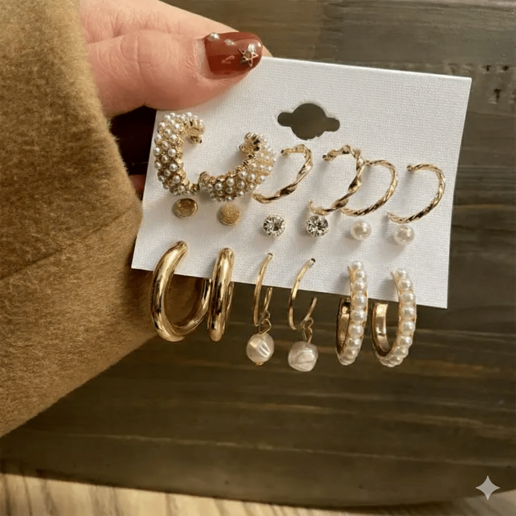 9-Pair Gold & Pearl Earring Set - ORYX TREND EaringCollection: Versatile set of six coordinating pairs of gold-toned earrings.Default Title#