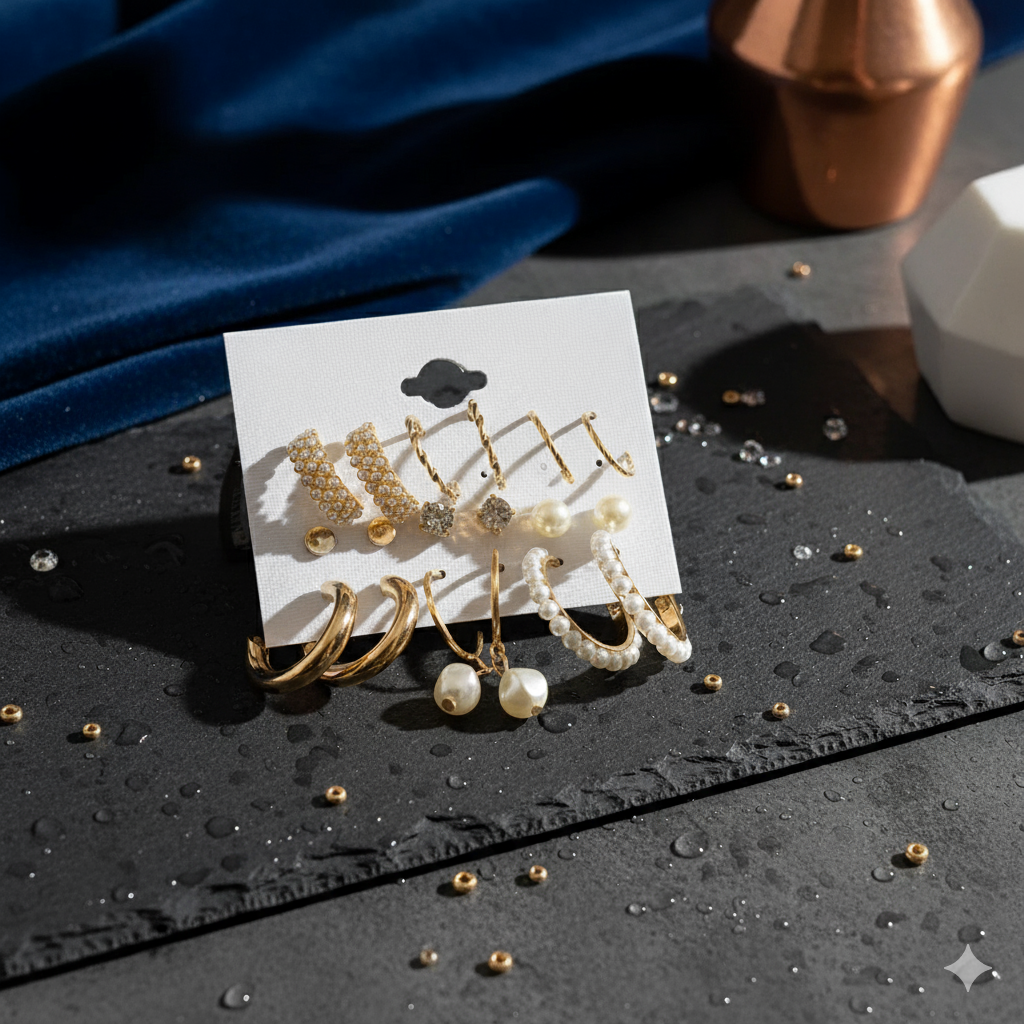 9-Pair Gold & Pearl Earring Set - ORYX TREND EaringCollection: Versatile set of six coordinating pairs of gold-toned earrings.Default Title#