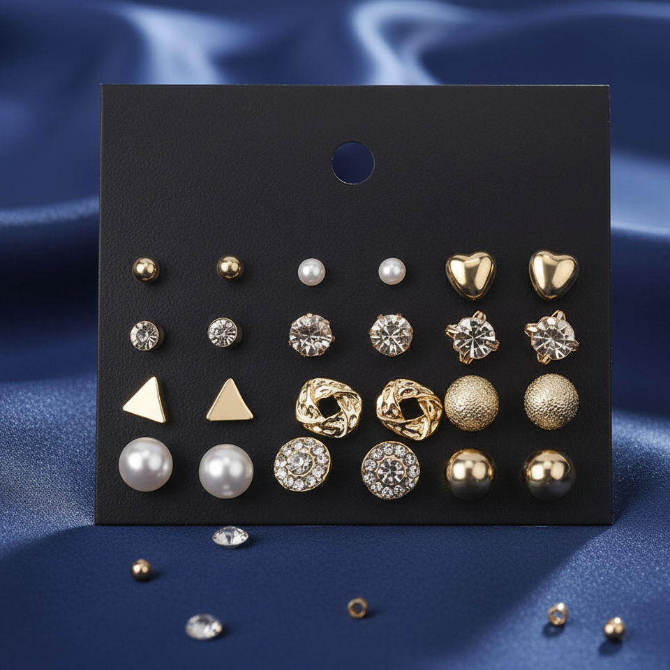 9-Pair Gold Toned Stud Earring Set - ORYX TREND EaringCollection: Comprehensive set of nine pairs of small stud earrings in gold tones.Default Title#