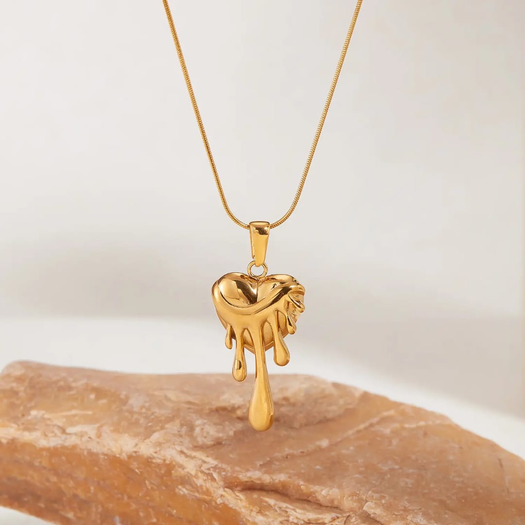 Gold Melting Heart Pendant Necklace - Unique Dripping Heart Jewelry