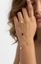 Gold heart-shaped bracelet and ring on a hand against a neutral background