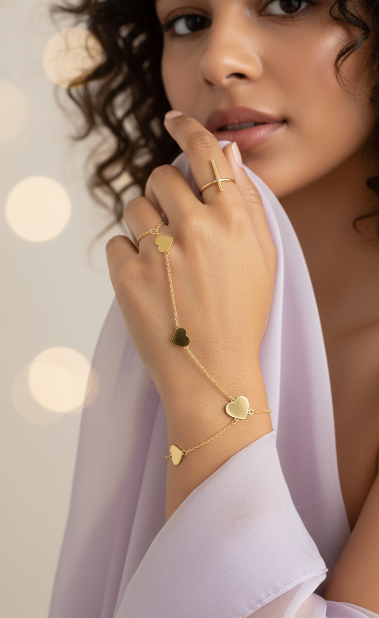 Woman wearing gold heart-shaped jewelry with a soft focus background