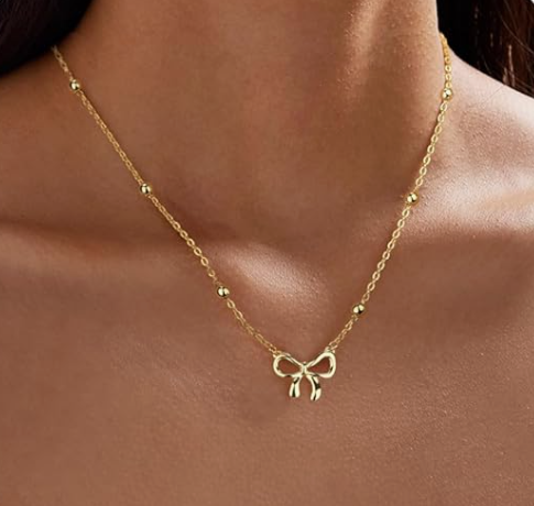 Anti Tarnish Infinity Bow Necklace - Gold Bow Pendant Necklace for Women