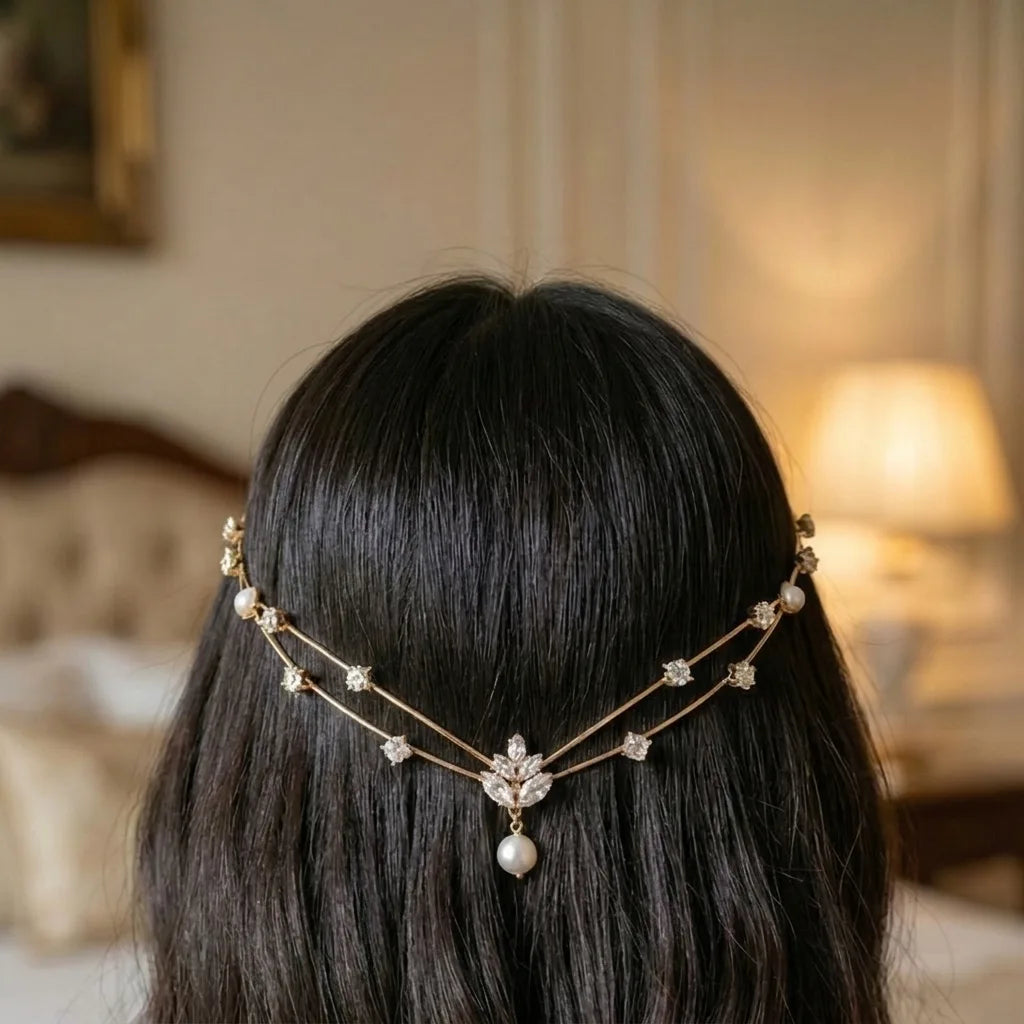 Aphrodite Celestial Pearl Crown | Double Layer Bridal Hair Chain | Hair Accessories