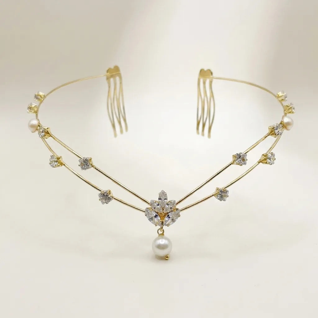 Aphrodite Celestial Pearl Crown | Double Layer Bridal Hair Chain | Hair Accessories