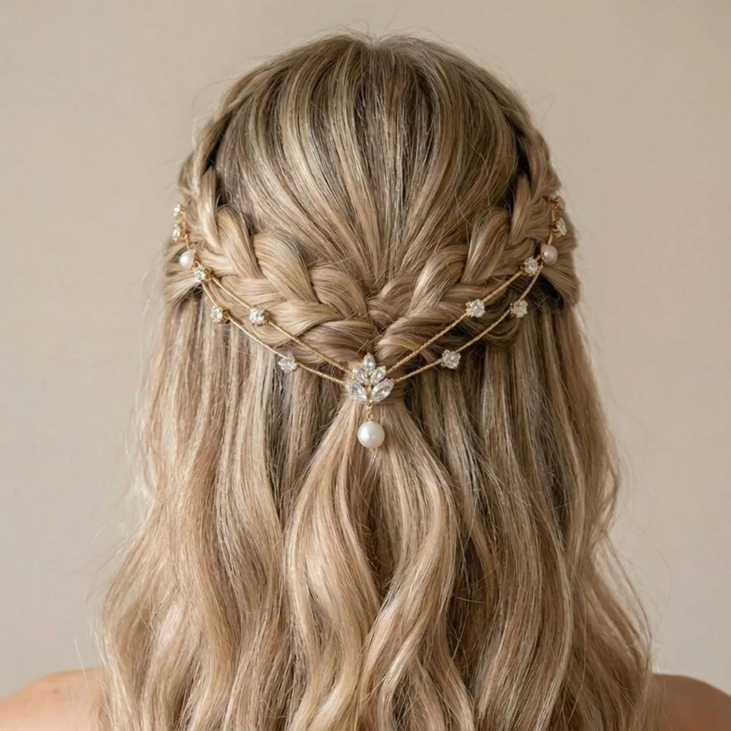 Aphrodite Celestial Pearl Crown | Double Layer Bridal Hair Chain | Hair Accessories