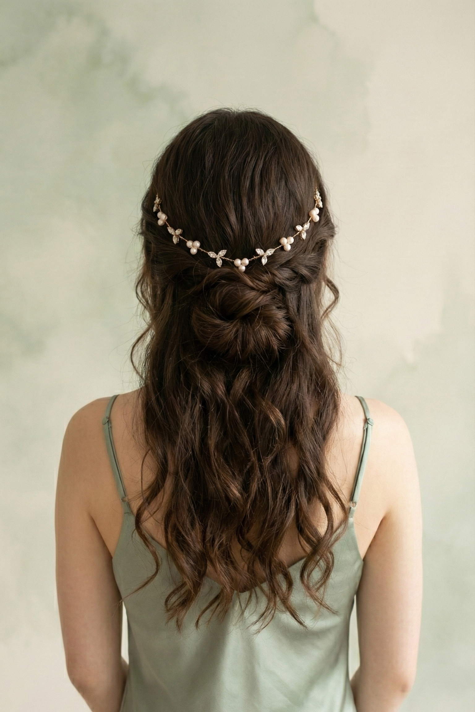Woman with styled hair wearing a delicate headband against a neutral background