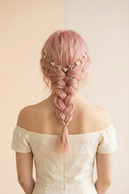 Person with pink braided hair wearing a white off-shoulder top against a light pink background