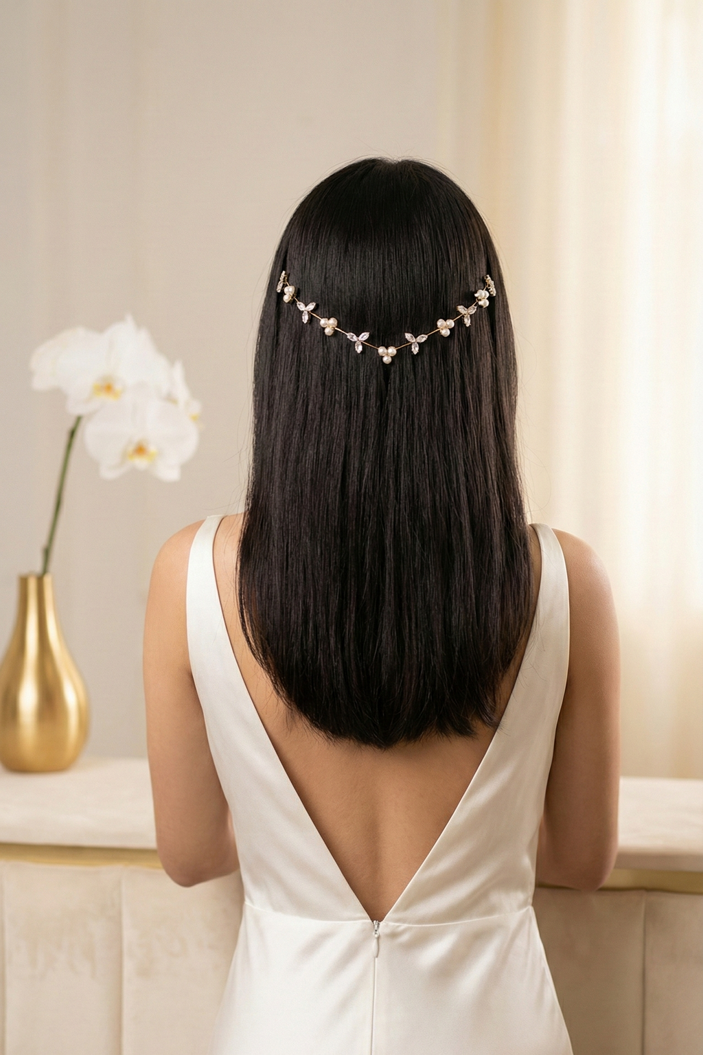Woman wearing a delicate hair accessory with a neutral background