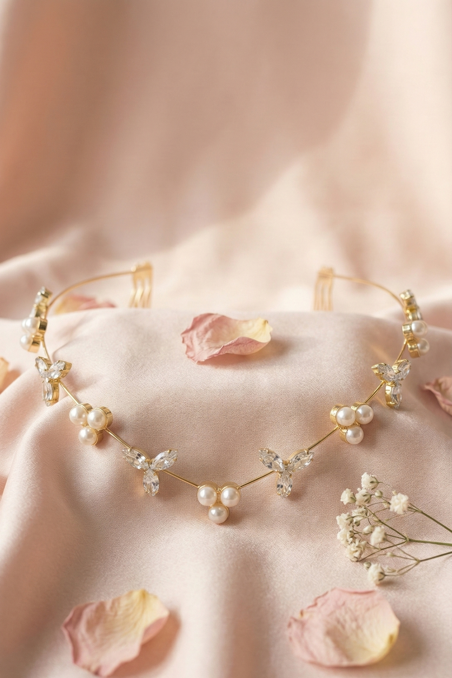 Delicate necklace with pearls and small flowers on a soft pink fabric background