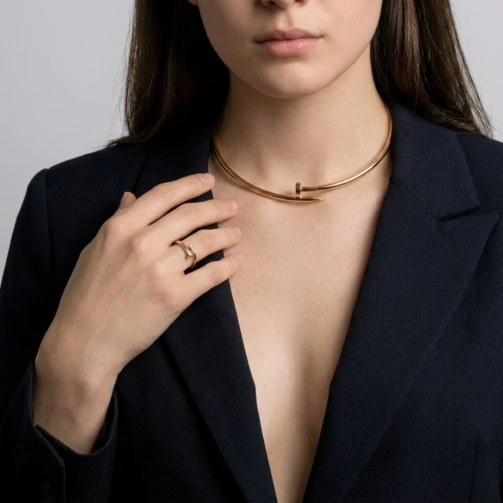 Aurum Edge Gold Nail Jewellery Set | Necklace Ring Earrings Combo for Women