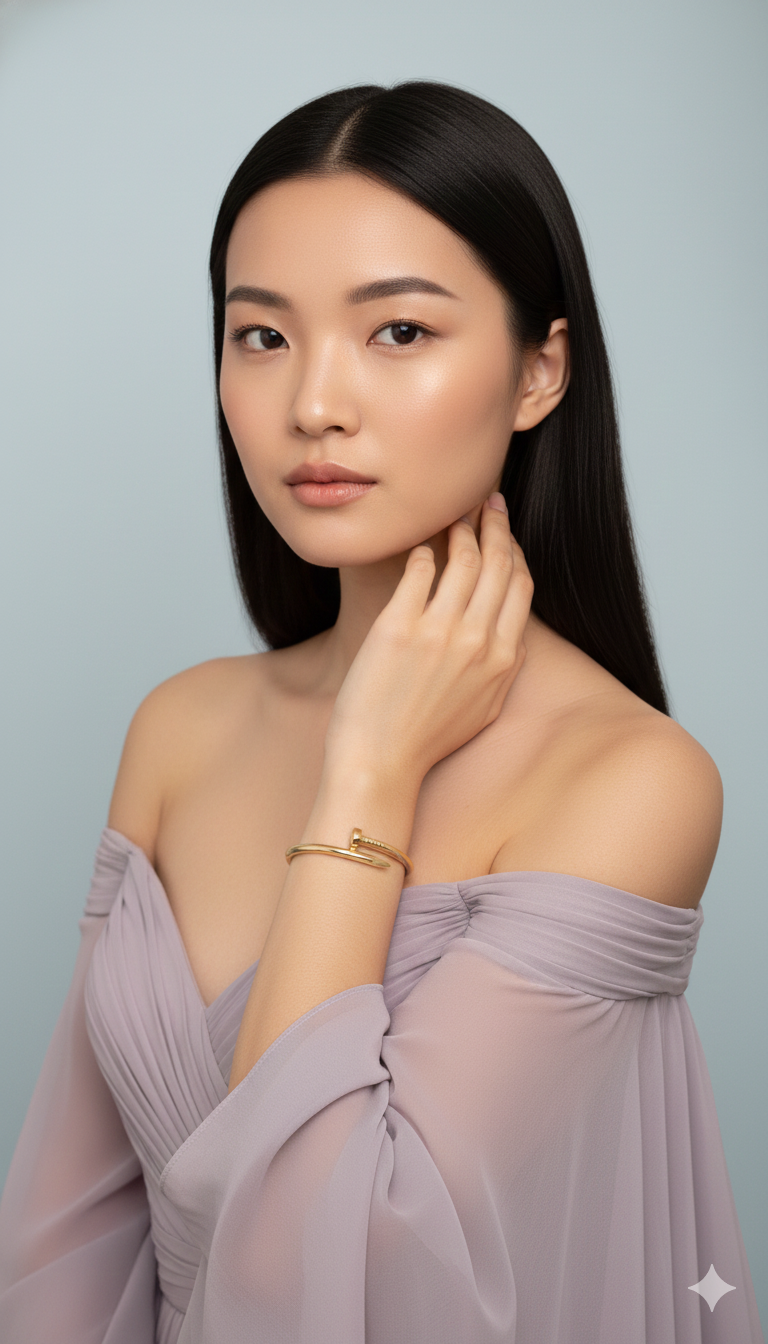 Woman wearing a light purple off-shoulder dress against a gray background
