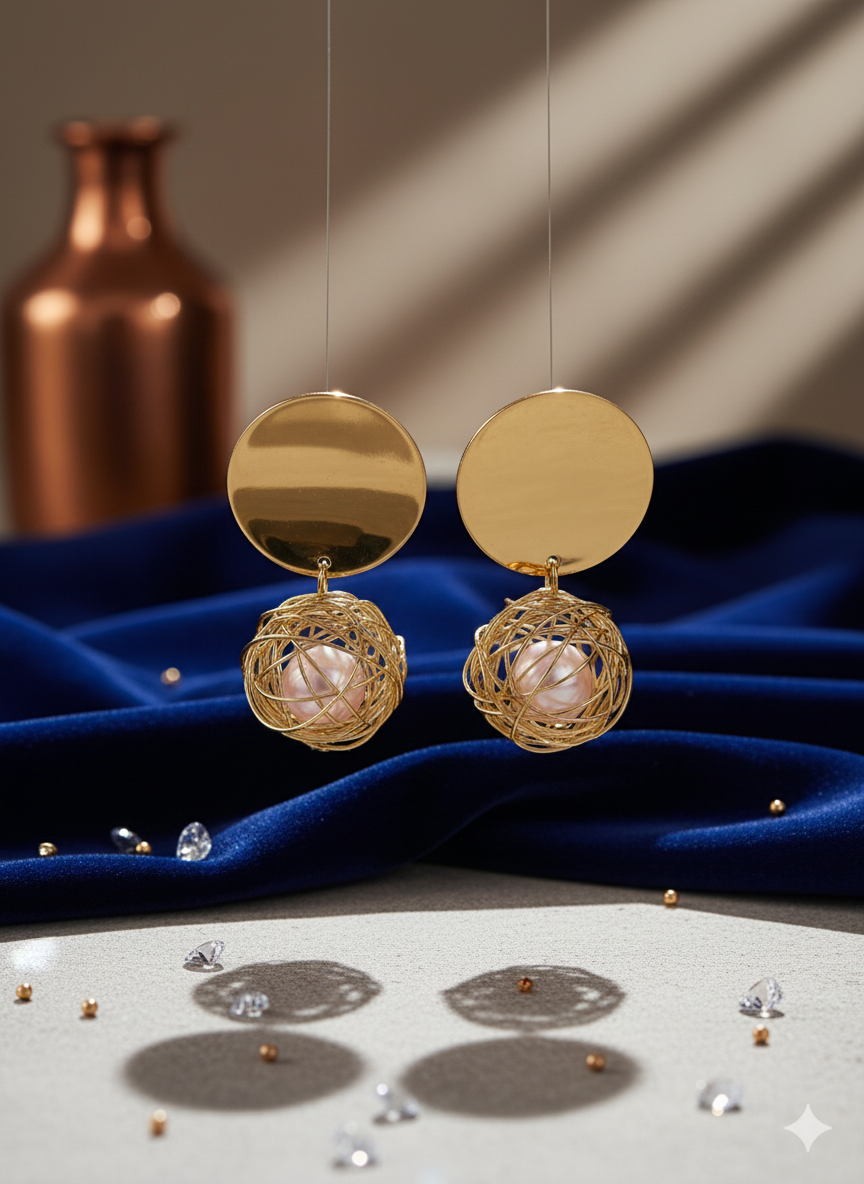 Bird Nest Pearl Drop Earrings - ORYX TREND EaringDrop earrings featuring a polished gold disc stud connected to a dangling wire-wrapped sphere (bird's nest style) encasing a single pearl.Default Title#