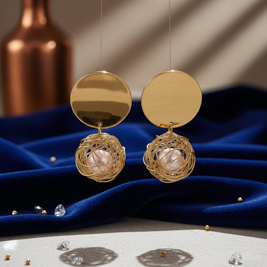 Bird Nest Pearl Drop Earrings - ORYX TREND EaringDrop earrings featuring a polished gold disc stud connected to a dangling wire-wrapped sphere (bird's nest style) encasing a single pearl.Default Title#
